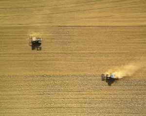 aerial view of two harvesters on brown field