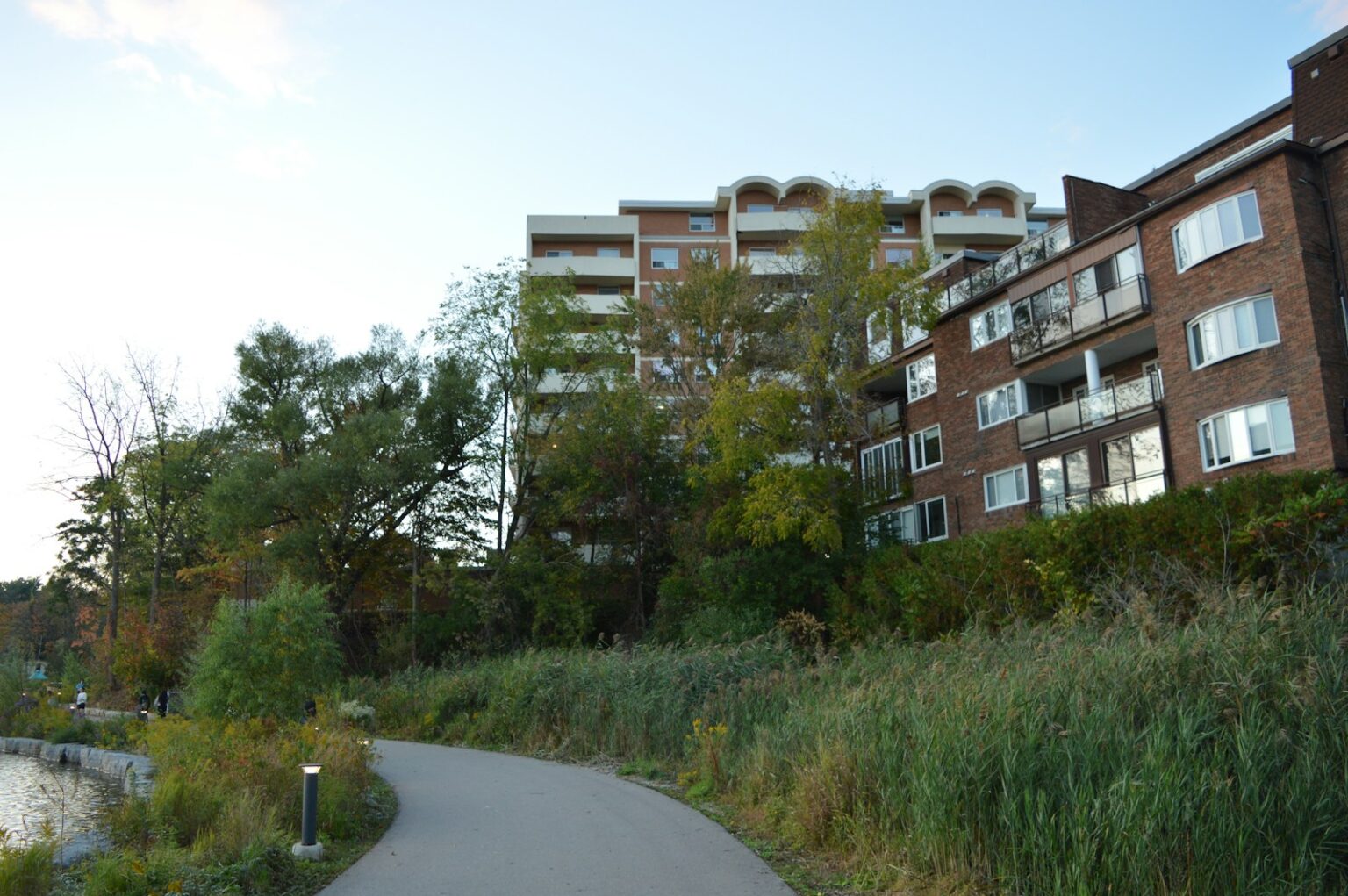 Apartment buildings overlook a grassy path and water.