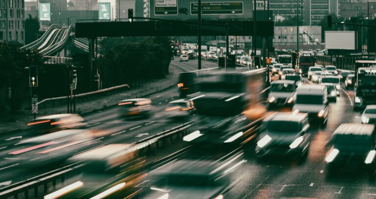 Traffic jam on a busy highway at dusk