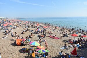 a large group of people on a beach